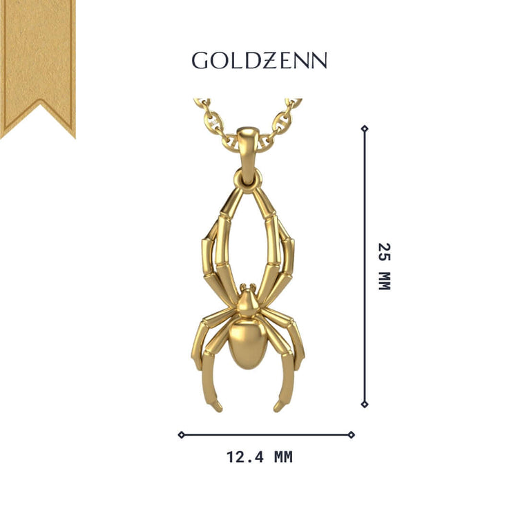 The Goldzenn 14k Gold Spider Pendant is a striking gold spider-shaped necklace, measuring 25mm tall by 12.4mm wide and shown on a white background.