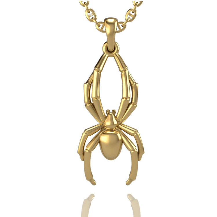 The 14k Gold Spider Pendant showcases a stylized spider with detailed legs and body, hanging from a gold chain against a white background—a striking piece of spider jewelry.
