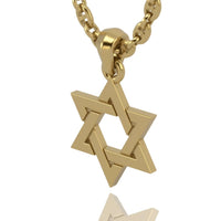 The Solid 14k Gold Star of David Necklace Pendant is shown on a white background, its elegant reflection visible beneath the gold pendant.