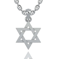 A Solid 14k Gold Star of David Necklace Pendant with two interlocking triangles hangs from a round, linked chain, displayed against a plain white background.