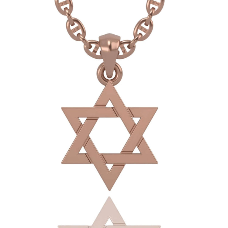 The Solid 14k Gold Star of David Necklace Pendant features a sleek, polished design and is shown against a white background, hanging from a chunky rose gold chain.