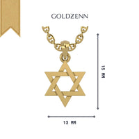 A Solid 14k Gold Star of David Necklace Pendant by GOLDZENN is shown on a chain, measuring 15mm tall by 13mm wide, with the brand name displayed above the pendant against a clean white background.
