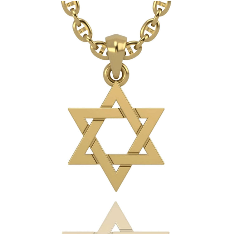 The Solid 14k Gold Star of David Necklace Pendant features interlocking triangles, elegantly displayed on a reflective white surface.
