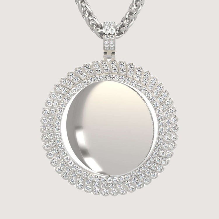 The 14K Gold Sunburst Diamond Round Picture Pendant features a central mirror surrounded by sparkling diamonds, hanging from a twisted chain against a plain light background.