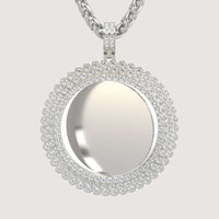 The 14K Gold Sunburst Diamond Round Picture Pendant features a central mirror surrounded by sparkling diamonds, hanging from a twisted chain against a plain light background.