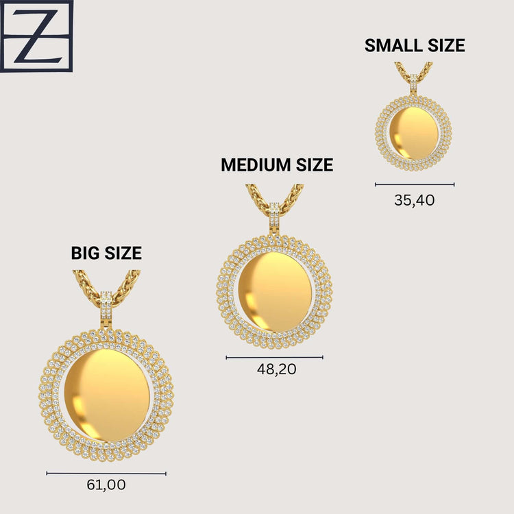 Three 14K Gold Sunburst Diamond Round Picture Pendants (BIG: 61.00mm, MEDIUM: 48.20mm, SMALL: 35.40mm) are shown on a light background with a stylized Z logo in the top left corner.