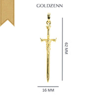 The 14k Gold Sword Pendant features ornate detailing, measures 62 mm x 16 mm, and is displayed vertically on a white background with the GOLDZENN brand above—perfect warrior jewelry for making a bold statement.