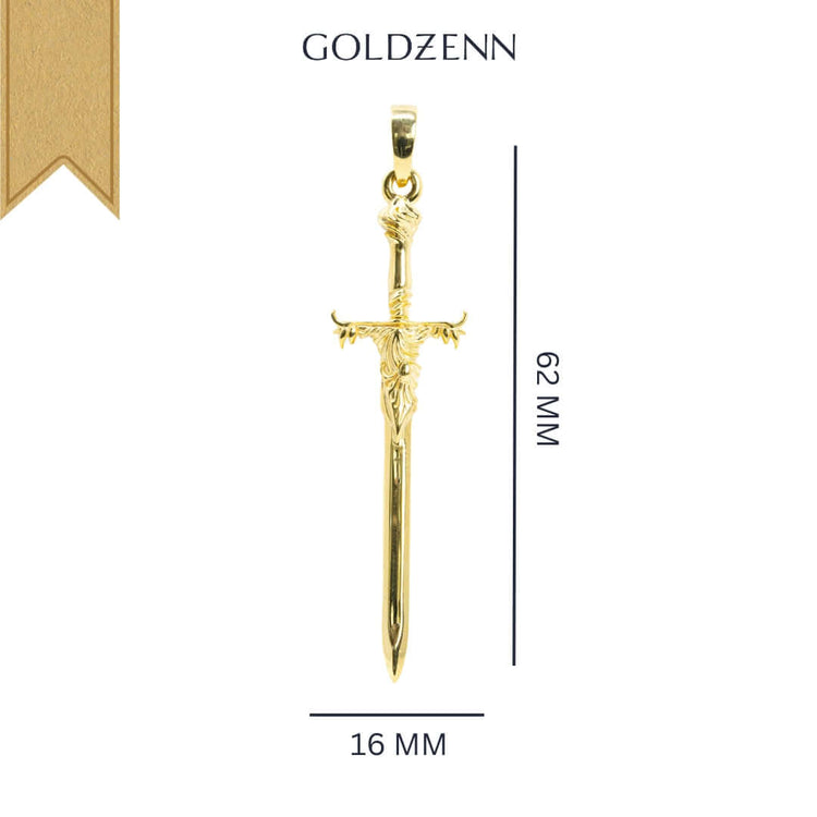 The 14k Gold Sword Pendant features ornate detailing, measures 62 mm x 16 mm, and is displayed vertically on a white background with the GOLDZENN brand above—perfect warrior jewelry for making a bold statement.