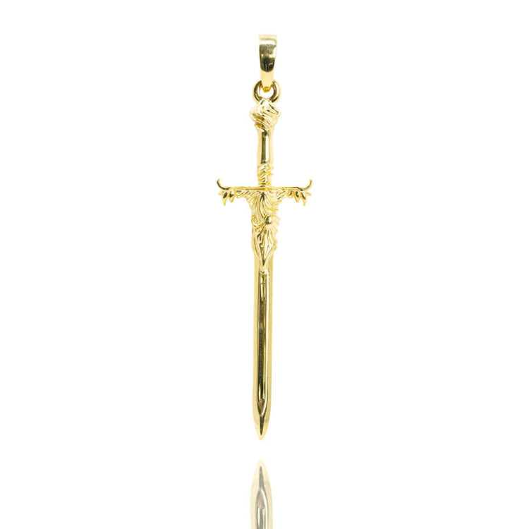 The 14k Gold Sword Pendant features an ornate sword design with detailed handle, making it a striking piece of warrior jewelry, shown against a white background.