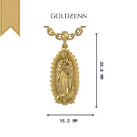 The 14k Gold Virgen de Guadalupe Pendant by GOLDZEN features a raised robed figure on an oval medallion, measuring 28.8 mm by 15.2 mm—a timeless piece of faith jewelry.