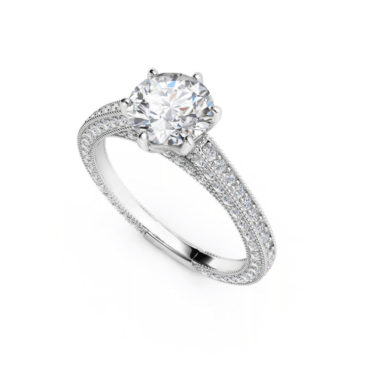 The 14k Round Lab Diamond Engagement Ring - Prong Setting features a large round lab diamond solitaire in a six-prong setting, with a diamond-accented band and elegant details—an ideal choice for women’s engagement rings.