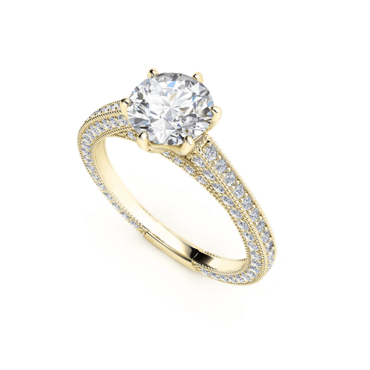 The 14k Round Lab Diamond Engagement Ring features a large round lab diamond in a prong setting, with smaller diamonds on a split shank band, beautifully displayed against a white background.