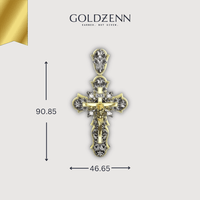 The 14K Yellow Gold Fancy Diamond Jesus Cross Pendant, measuring 90.85mm x 46.65mm and labeled INRI, features intricate details and the Goldzenn brand at the top—a stunning piece of religious jewelry.