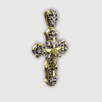 The 14K Yellow Gold Fancy Diamond Jesus Cross Pendant showcases intricate details, a diamond accent, and the figure of Jesus with INRI above—a striking religious jewelry piece set against a plain white background.