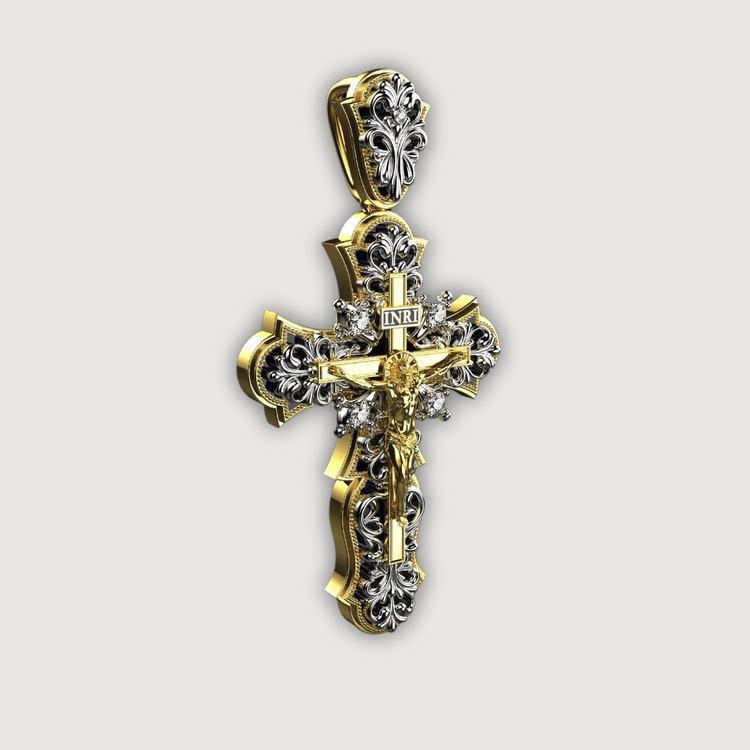 The 14K Yellow Gold Fancy Diamond Jesus Cross Pendant showcases intricate details, a diamond accent, and the figure of Jesus with INRI above—a striking religious jewelry piece set against a plain white background.