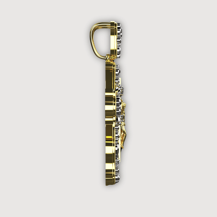 Side view of the 14K Yellow Gold Fancy Diamond Jesus Cross Pendant with embedded stones, a raised edge design, and a top loop for attaching to a chain—ideal for religious jewelry enthusiasts.