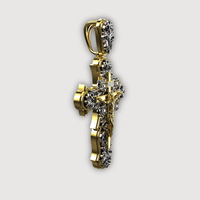 The 14K Yellow Gold Fancy Diamond Jesus Cross Pendant features an intricate design with a figure of Jesus, highlighted against a plain white background.