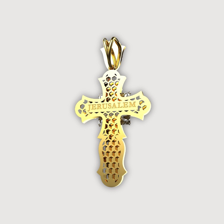 The 14K Yellow Gold Fancy Diamond Jesus Cross Pendant features intricate cutouts and diamond accents, making it an ideal choice for those seeking meaningful religious jewelry.