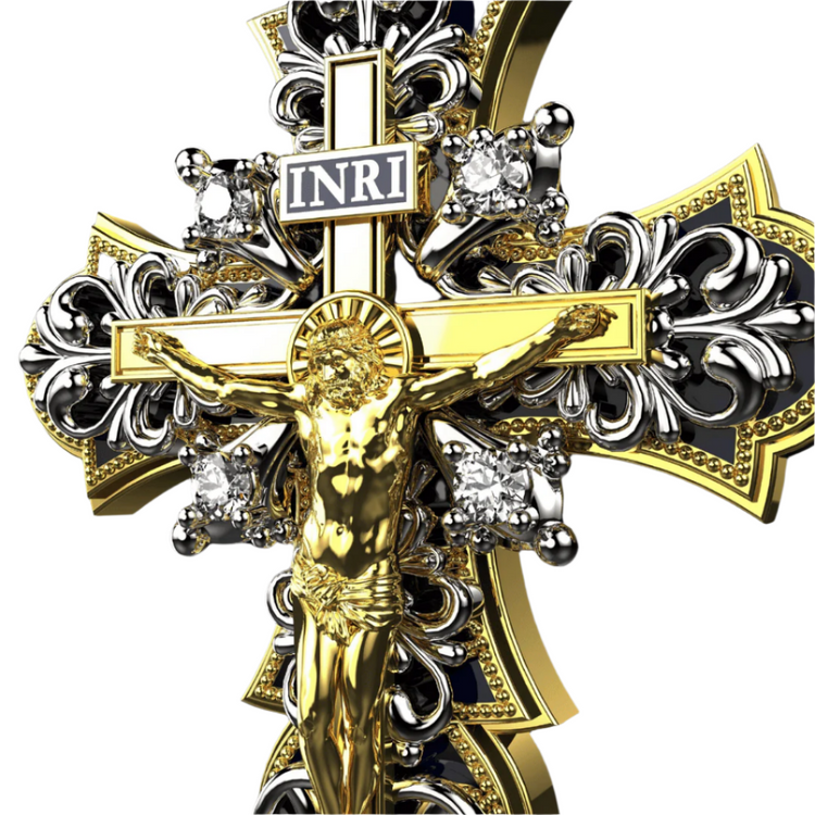 The 14K Yellow Gold Fancy Diamond Jesus Cross Pendant features ornate patterns, sparkling diamonds, and a gold depiction of Jesus with an INRI plaque, making it ideal for those seeking distinguished religious jewelry.