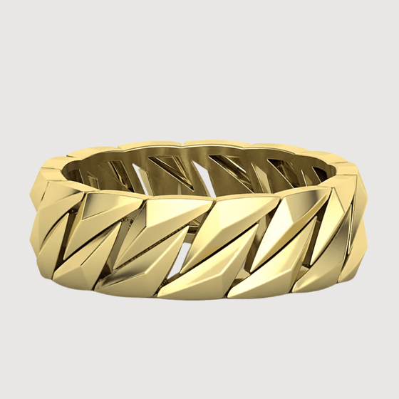 ALT=" 14k Gold Men’s Geometric Band Ring – Bold Sophistication 14k gold men’s geometric band ring. Sleek and modern, perfect for fans of gold rings, mens rings, and versatile solid gold rings. "