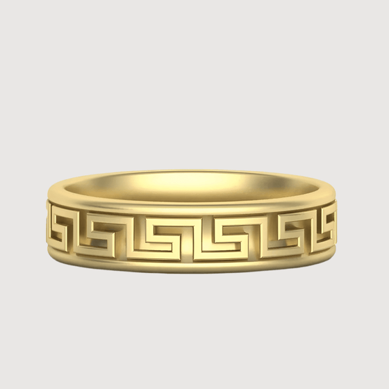 ALT=" 14k Gold Men’s Greek Key Band Ring – Timeless Elegance 14k gold men’s Greek Key band ring. Iconic design with a polished finish. Ideal for fans of gold rings, mens rings, and symbolic solid gold rings. "