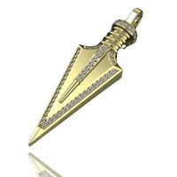The 14k Gold Arrow Pendant features clear gemstones along the edges and a central decorative groove, with a loop for a chain. This minimalist gold jewelry piece is shown on a white background.