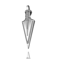 The 14k Gold Arrow Pendant features a sleek arrowhead design with a central raised line and two rows of small gemstones, combining minimalist elegance with contemporary style against a white background.