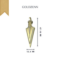 The 14k Gold Arrow Pendant features a pointed spear design with a row of small diamonds along the sides, measures 47.18 mm long by 13.4 mm wide, and showcases the GOLDZENN logo above the minimalist gold piece.