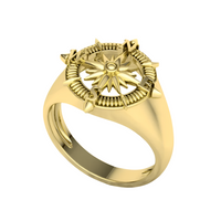 The 14k Gold Compass Ring - Nautical Star Navigator Design features a raised compass rose with detailed edges and a polished band, making it an ideal gold ring for men inspired by nautical style.