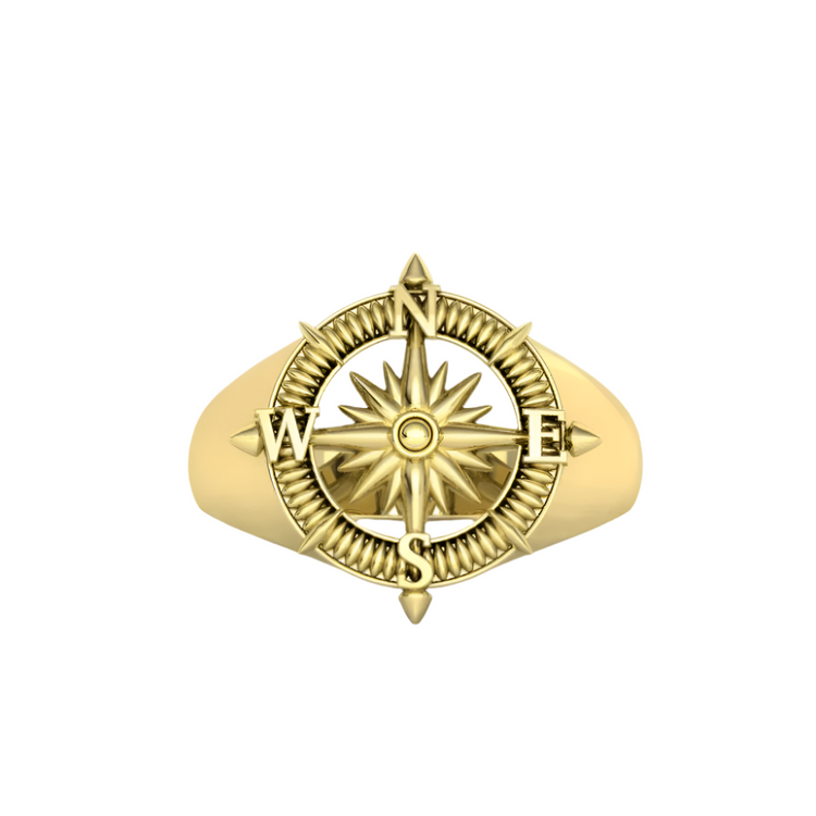 The 14k Gold Compass Ring - Nautical Star Navigator Design features a detailed compass rose with N, S, E, and W cardinal directions—an ideal gold ring for men and nautical enthusiasts.