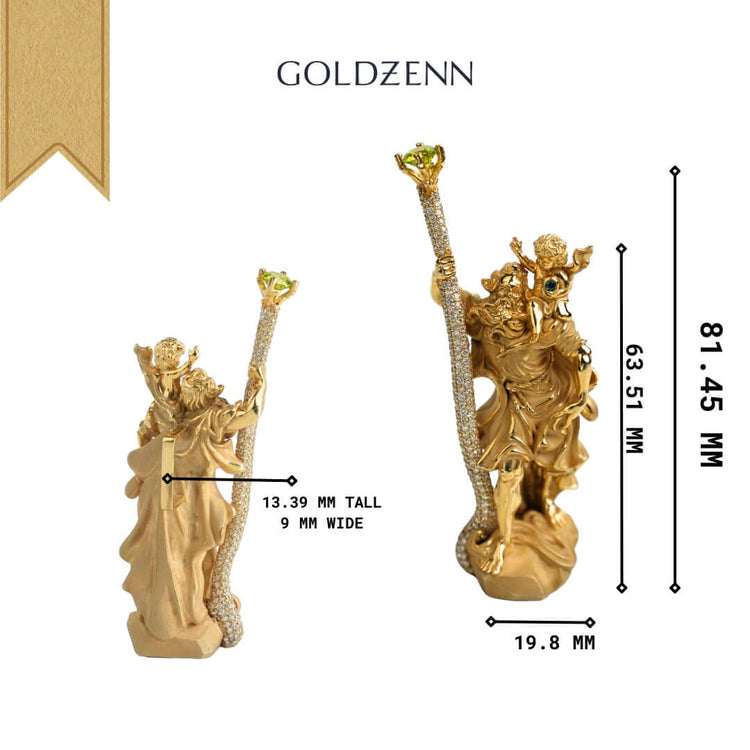 Two views of the GOLDZENN Saint Christopher Pendant - 14k Gold are shown: 81.45 mm tall, 19.8 mm wide, with a jeweled staff measuring 13.39 mm tall and 9 mm wide. The brand name appears above the images.