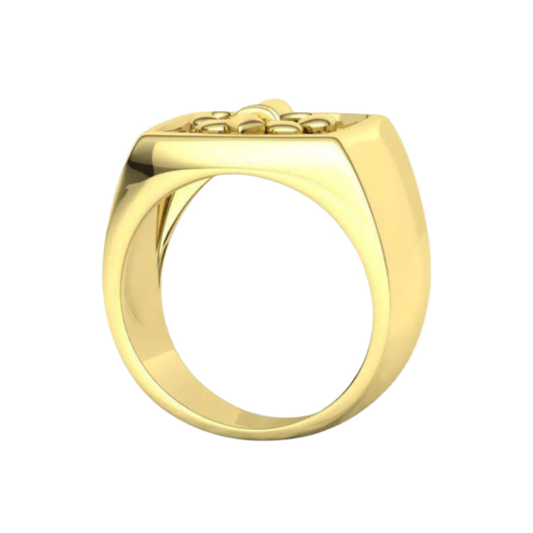 The 14k Gold Fleur-de-Lis Signet Ring features a smooth, polished band and a flat top engraved with a fleur-de-lis design, shown against a white background.