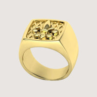The 14k Gold Fleur-de-Lis Signet Ring features a raised fleur-de-lis on a textured square face with a plain background.