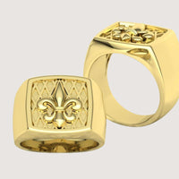 Two 14k Gold Fleur-de-Lis Signet Rings with square faces feature an embossed fleur-de-lis on a diamond-patterned background, shown from the front and side.