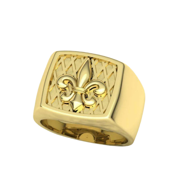 The 14k Gold Fleur-de-Lis Signet Ring features a square face with a raised fleur-de-lis on a textured, crisscrossed background, offering a refined and classic gold ring design for men.