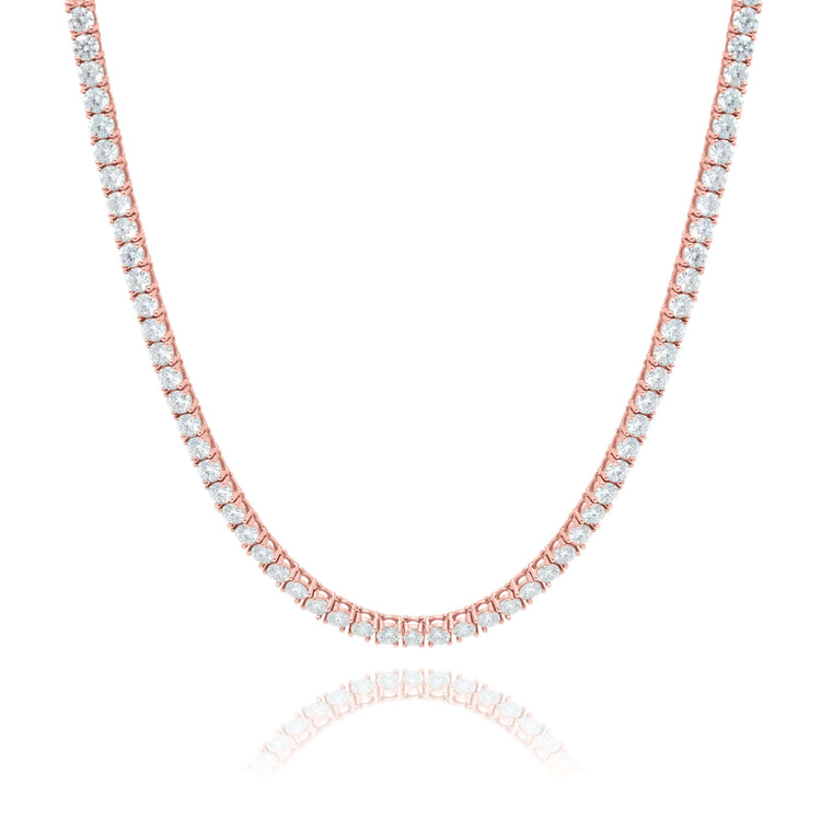 A Rose Gold Plated Moissanite Tennis Chain - 8mm, featuring a single row of closely set round white moissanites arranged in a graceful curve and reflected beneath on a white background.