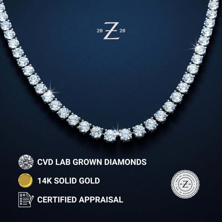 The Tennis Chain - 14k Gold Lab Diamond gleams on a dark background, with icons and text highlighting its CVD lab-grown diamonds, 14k gold setting, and included certified appraisal.