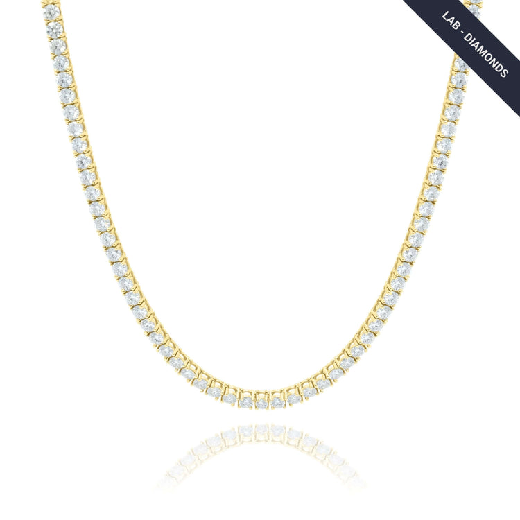 The Tennis Chain - 14k Gold Lab Diamond features closely set round lab-grown diamonds on a white background, with a dark diagonal "LAB DIAMONDS" label in the top right corner.