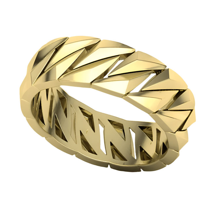 The 14k Gold Men's Geometric Band Ring features a unique geometric pattern, offering timeless style for any occasion.