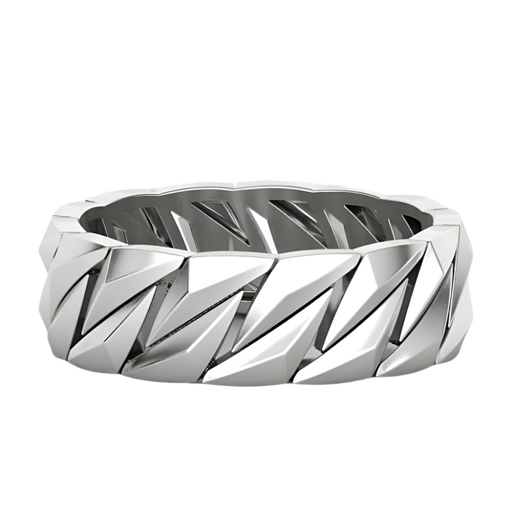 The 14k Gold Men's Geometric Band Ring features a bold, angular pattern of interlocking shapes for a modern look inspired by classic men's styles.