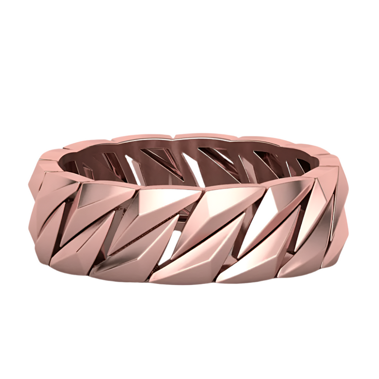 The 14k Gold Men's Geometric Band Ring features a bold, modern design with interlocking angled segments for a striking, textured look—an eye-catching rose gold ring for men.