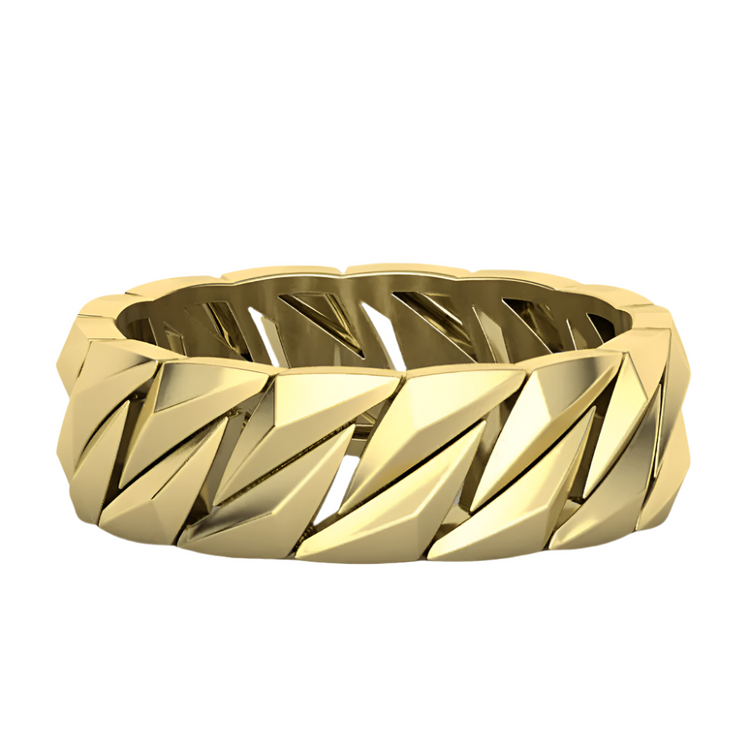The 14k Gold Men's Geometric Band Ring features a bold, angular design with interlocking zigzag segments around the band.