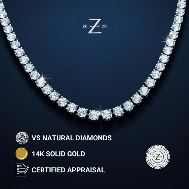 A close-up of the Tennis Chain – 14K Gold Natural Diamond on a dark background, featuring text: VS Natural Diamonds, 14K Solid Gold, Certified Appraisal. A prominent "Z" logo appears at the top center.