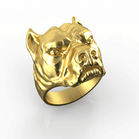 The 14k Gold Pitbull Head Ring features a detailed, sculpted pitbull head with pointed ears and a serious expression, shown against a white background.