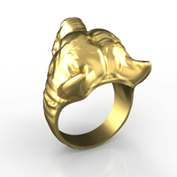 The 14k Gold Pitbull Head Ring features a sculpted pitbull head with detailed ears and facial features. Its polished finish makes this bold men's gold ring stand out against a plain white background.