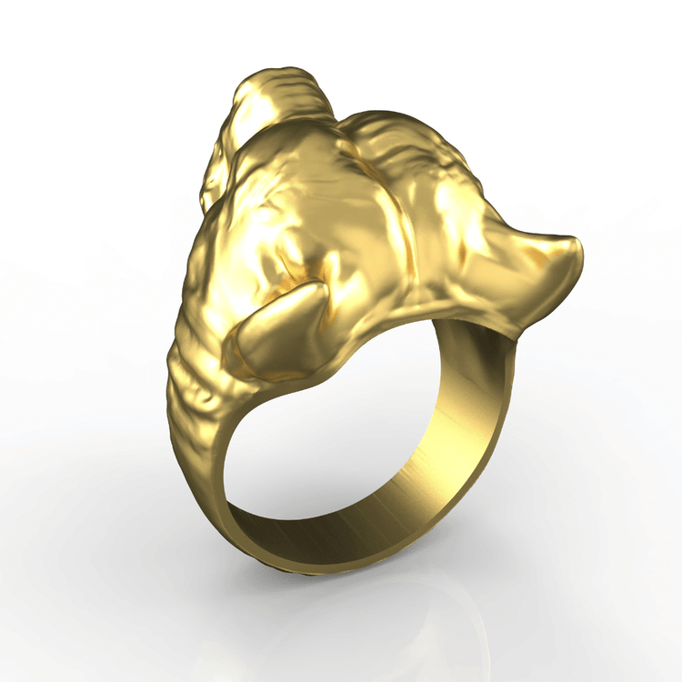 The 14k Gold Pitbull Head Ring features a sculpted pitbull head with detailed ears and facial features. Its polished finish makes this bold men's gold ring stand out against a plain white background.