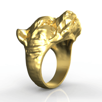 The 14k Gold Pitbull Head Ring showcases a finely sculpted, three-dimensional pitbull head with a smooth, polished finish, set against a white background.