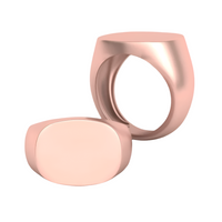 Two 14k Solid Gold Plain Signet Rings, with smooth polished oval faces—one upright, one flat—are elegantly displayed on a white background.