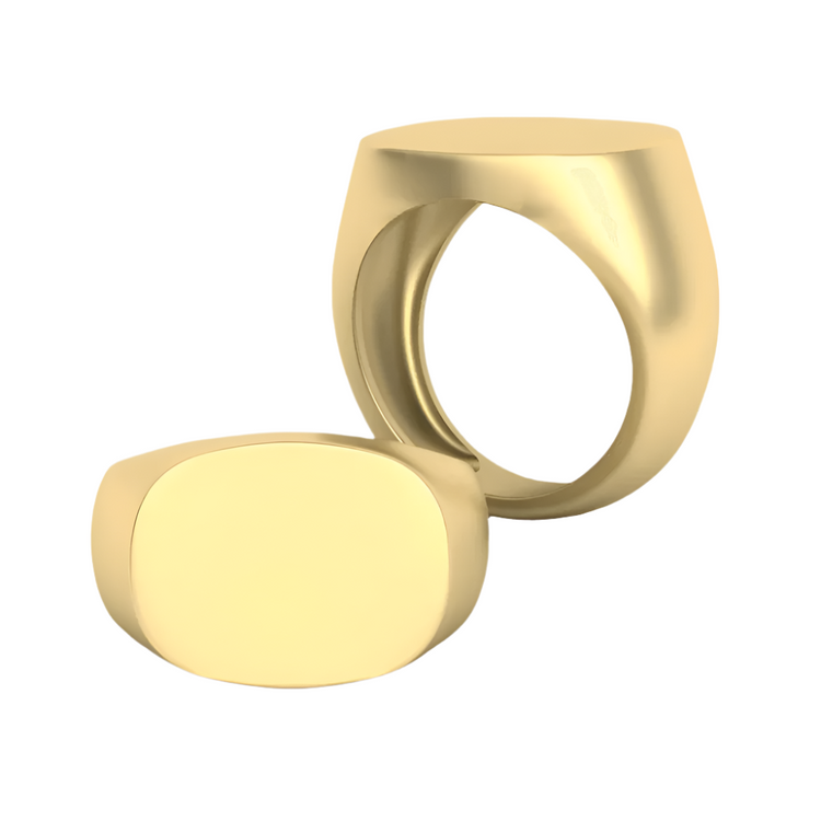 The 14k Solid Gold Plain Signet Ring is shown on a white background—one ring stands upright while the other lies flat, both highlighting their smooth, oval faces and classic plain gold design.
