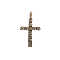 A 14k yellow gold cross pendant with brilliant moissanite stones, combining timeless faith and elegance, displayed against a plain white background.